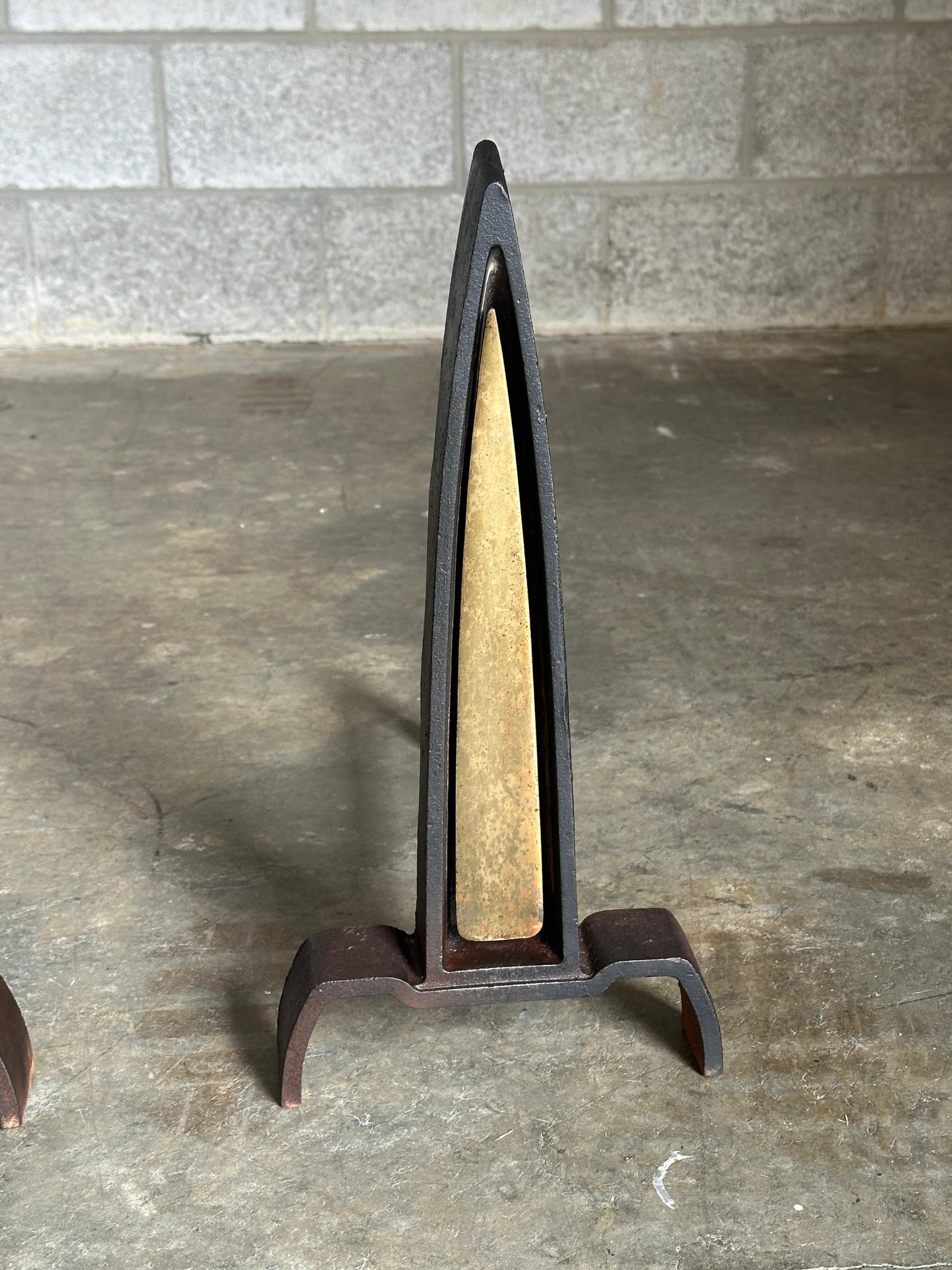 Frisman Vintage 1950s Iron and Brass Andirons Attributed to Donald Deskey- A Pair