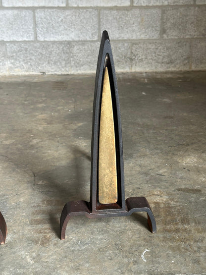 Frisman Vintage 1950s Iron and Brass Andirons Attributed to Donald Deskey- A Pair