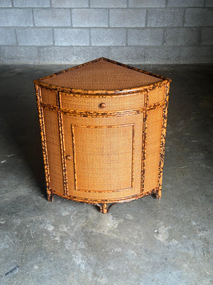Frisman Vintage 1980s British Colonial Style Bamboo and Cane Corner Cabinet