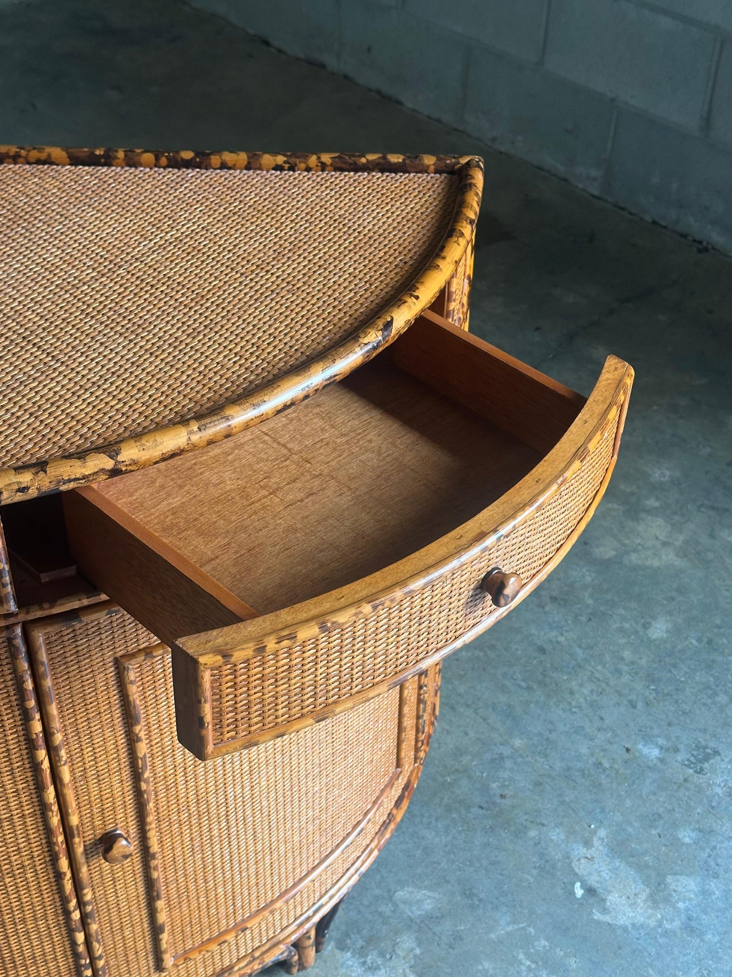 Frisman Vintage 1980s British Colonial Style Bamboo and Cane Corner Cabinet