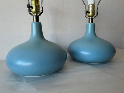 Frisman Vintage A Pair Of Lotte and Gunnar Bostlund Table Lamps in Blue Ceramic Bulbous ca' 1960