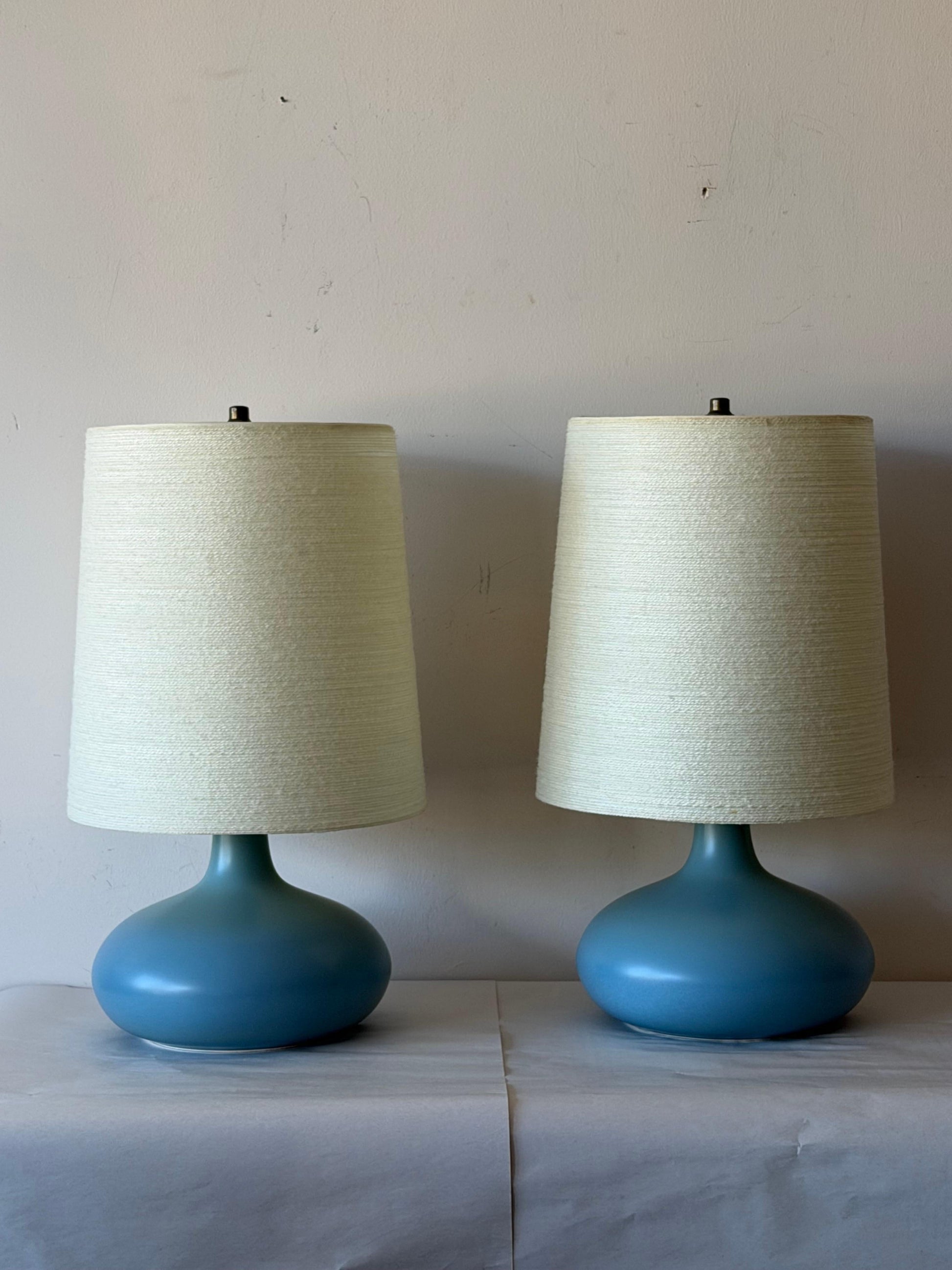Frisman Vintage A Pair Of Lotte and Gunnar Bostlund Table Lamps in Blue Ceramic Bulbous ca' 1960
