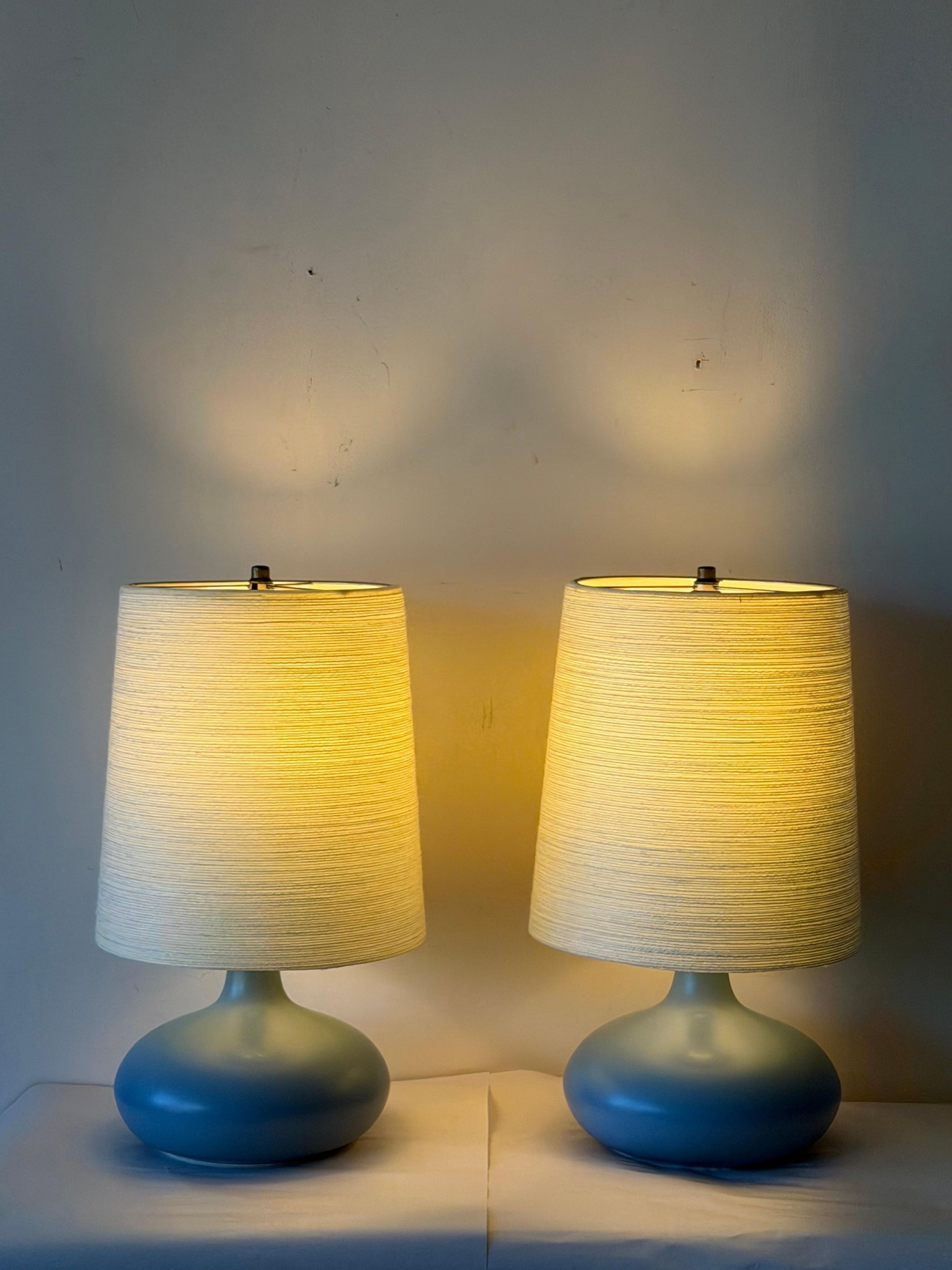 Frisman Vintage A Pair Of Lotte and Gunnar Bostlund Table Lamps in Blue Ceramic Bulbous ca' 1960