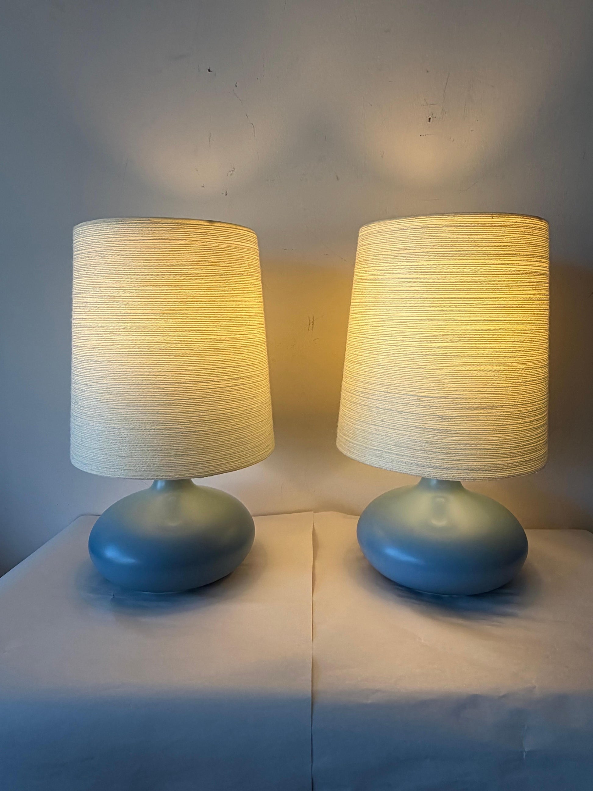 Frisman Vintage A Pair Of Lotte and Gunnar Bostlund Table Lamps in Blue Ceramic Bulbous ca' 1960