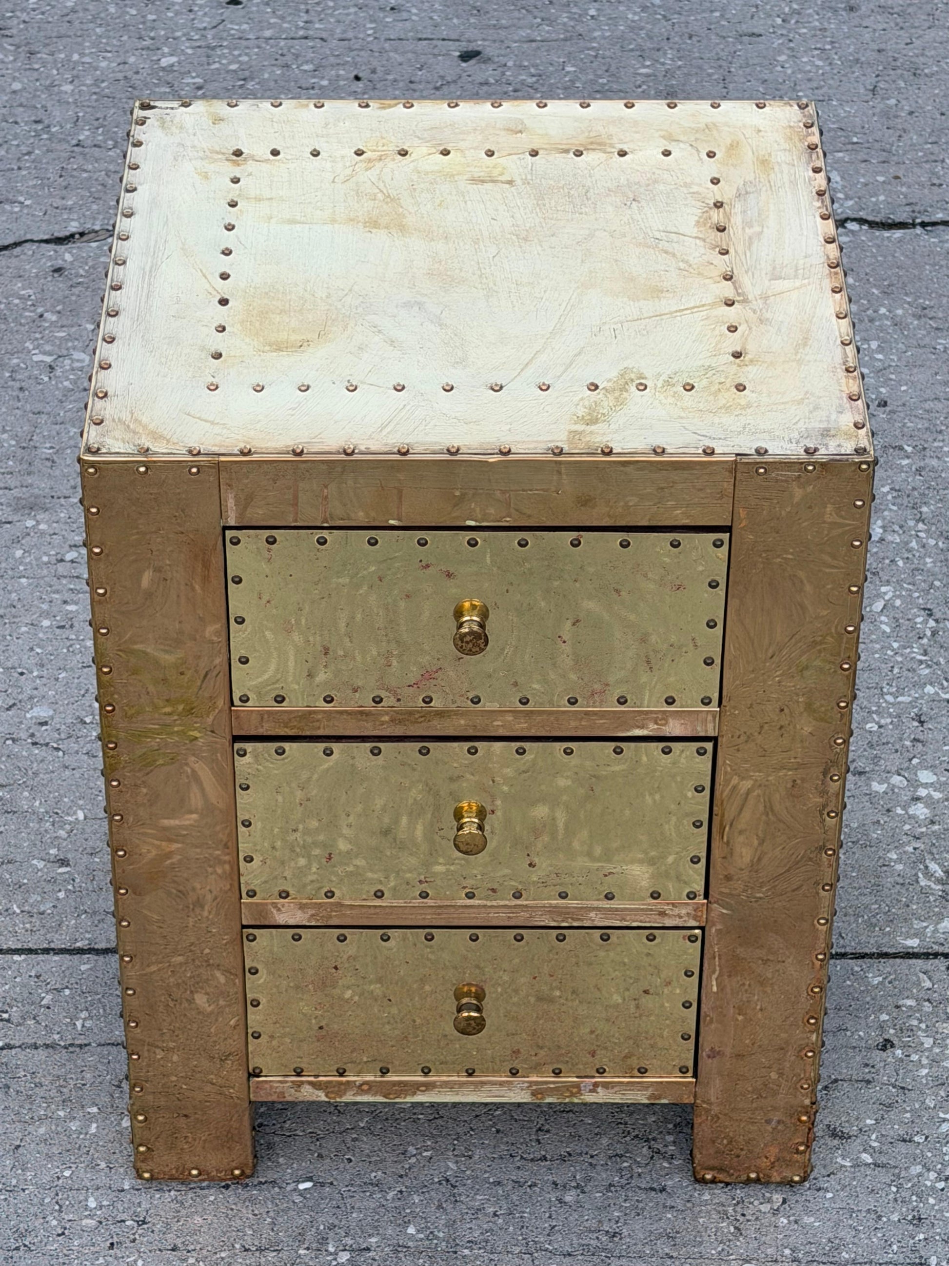 Frisman Vintage Brass-Clad Three Drawer Chest Nightstand Miniature Circa 1980s