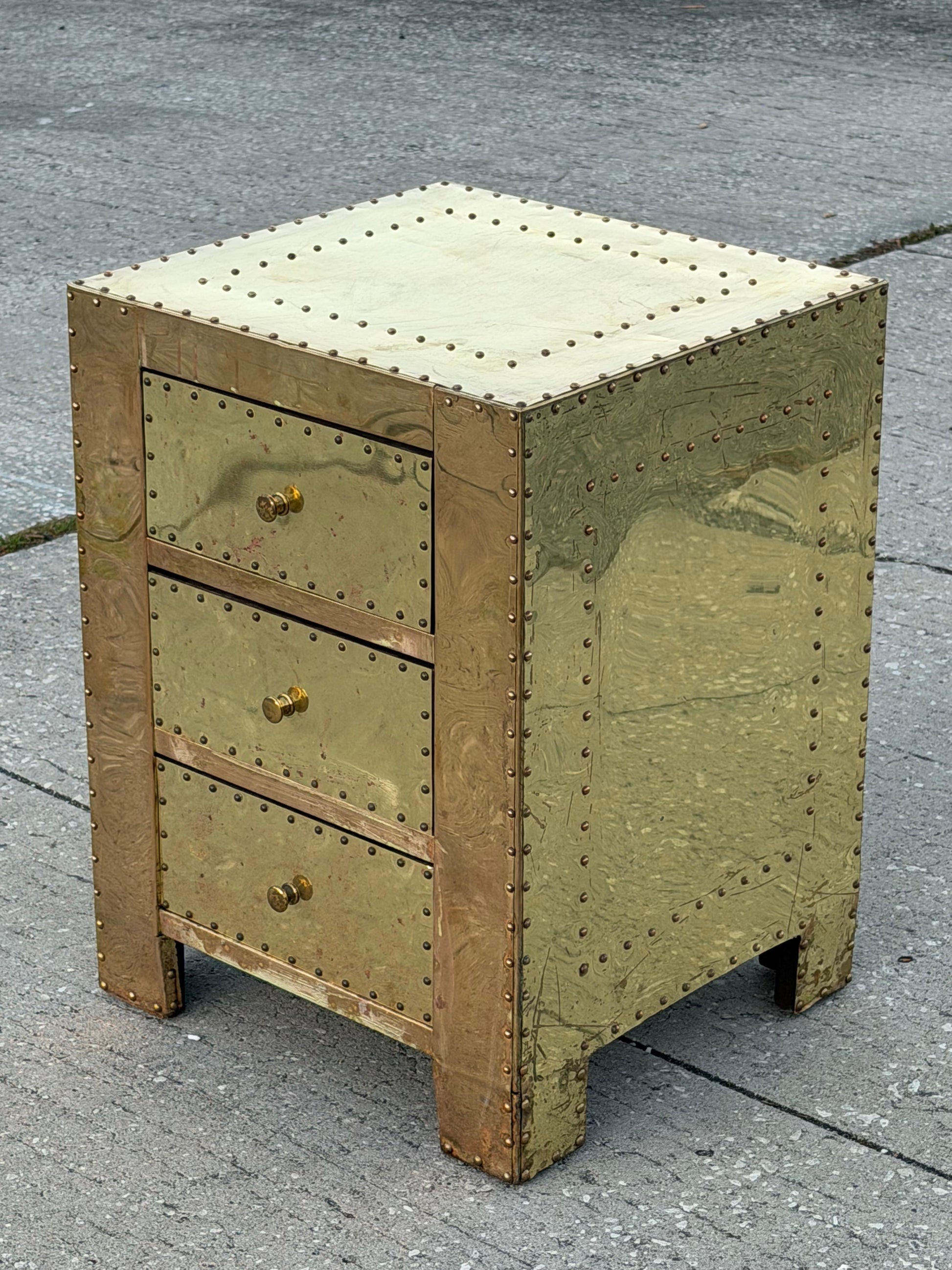 Frisman Vintage Brass-Clad Three Drawer Chest Nightstand Miniature Circa 1980s