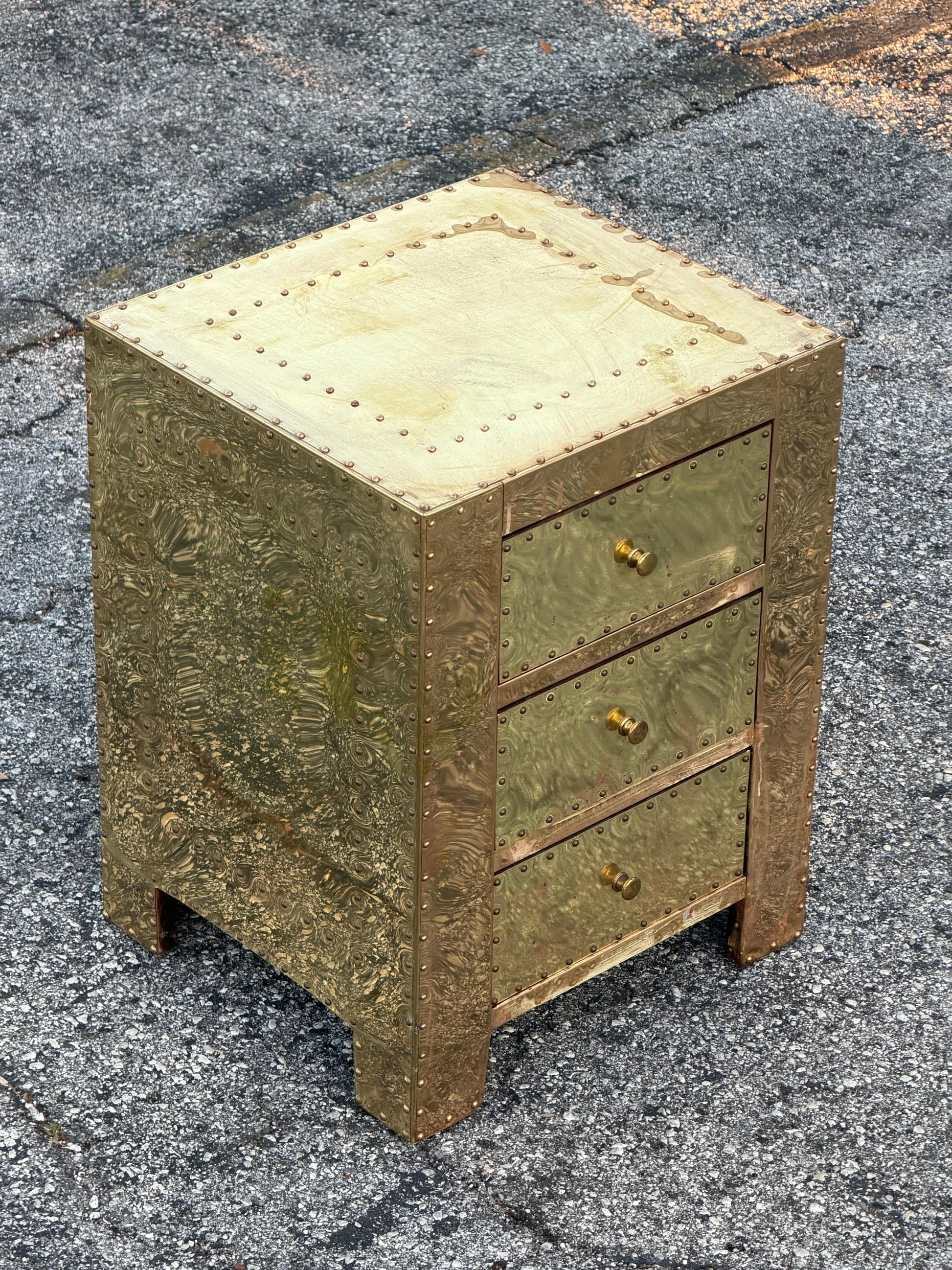 Frisman Vintage Brass-Clad Three Drawer Chest Nightstand Miniature Circa 1980s