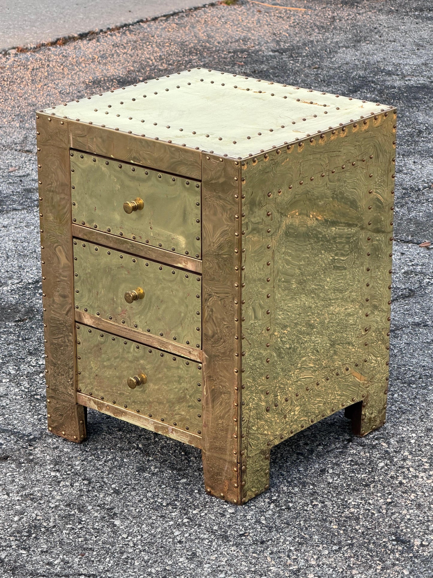 Frisman Vintage Brass-Clad Three Drawer Chest Nightstand Miniature Circa 1980s