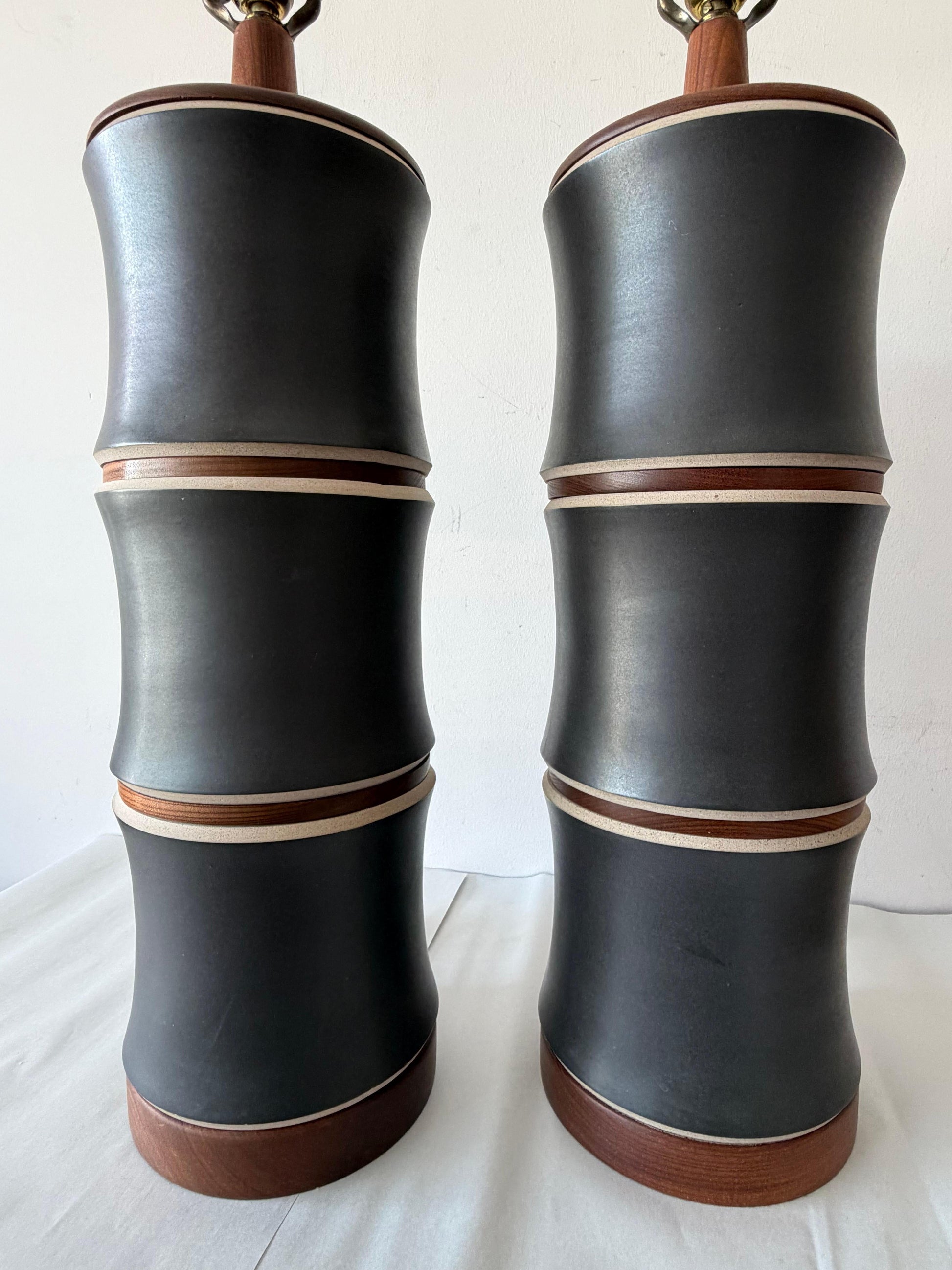 Frisman Vintage A Pair Of Martz Stoneware Walnut Lamps ca' 1960's Unusual