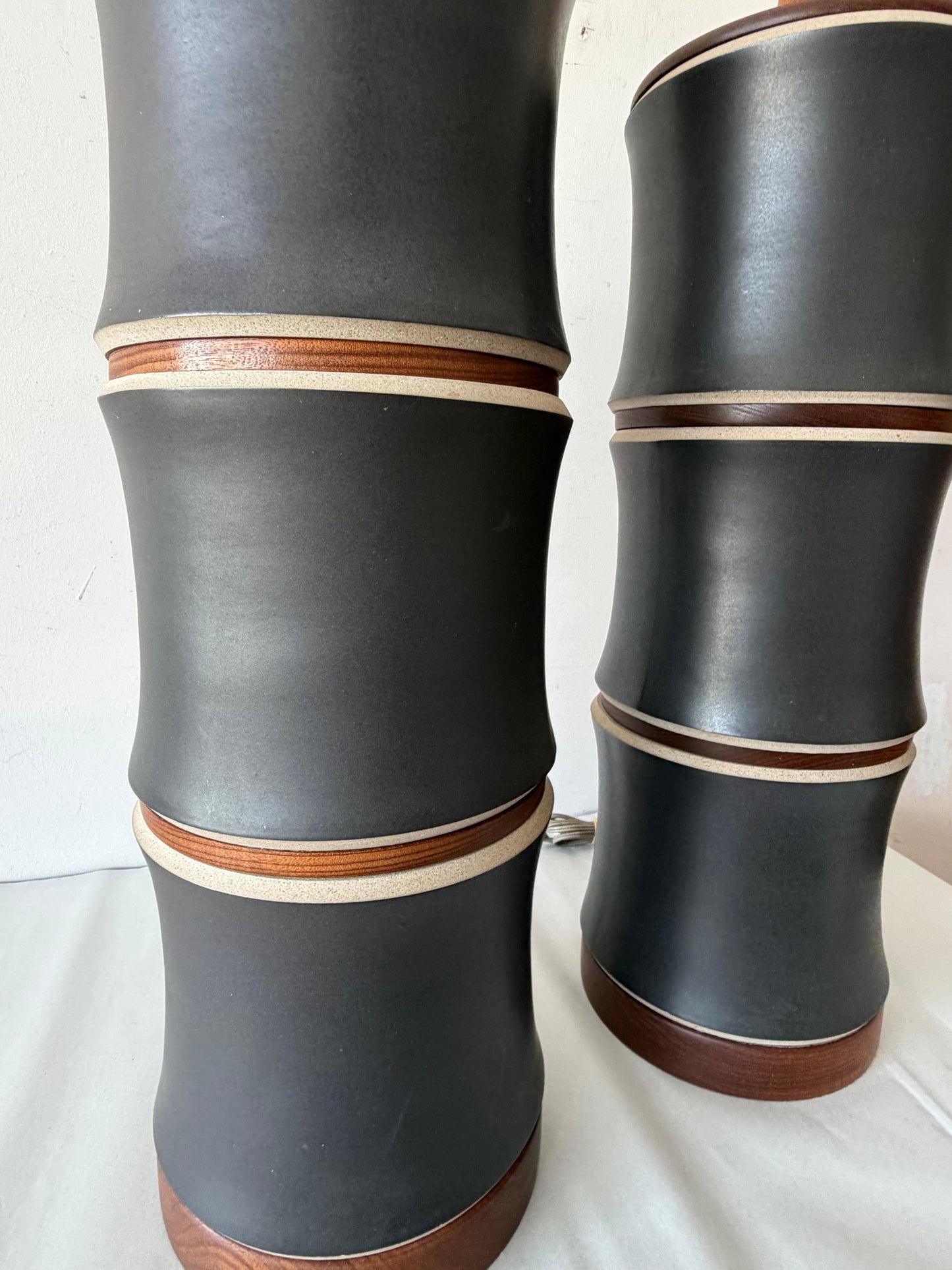 Frisman Vintage A Pair Of Martz Stoneware Walnut Lamps ca' 1960's Unusual