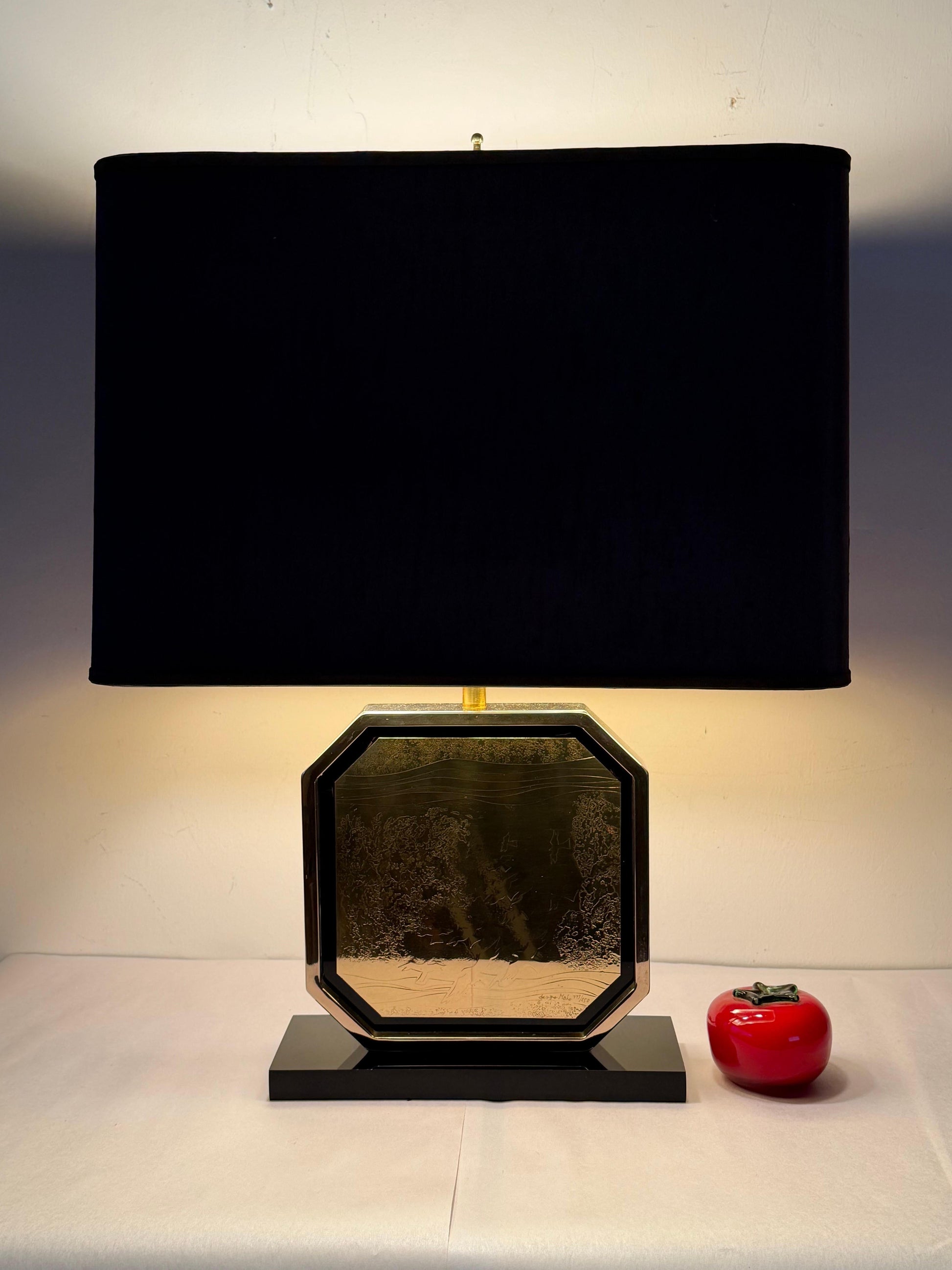 Frisman Vintage Georges Mathias Signed 23-carat Gold-plated Handmade Etched Table Lamp 1970's