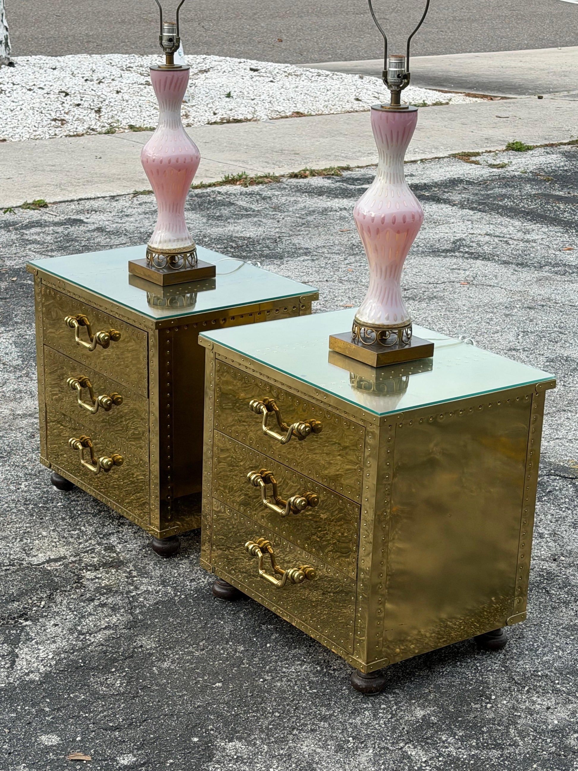 Frisman Vintage A Pair Of Vintage Brass Clad Small Chests of Drawers by Sarreid of Spain