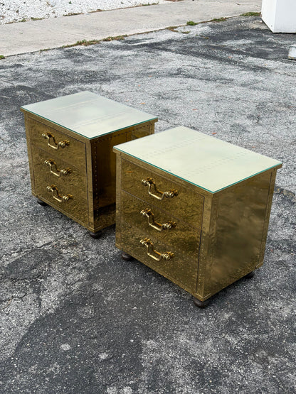 Frisman Vintage A Pair Of Vintage Brass Clad Small Chests of Drawers by Sarreid of Spain