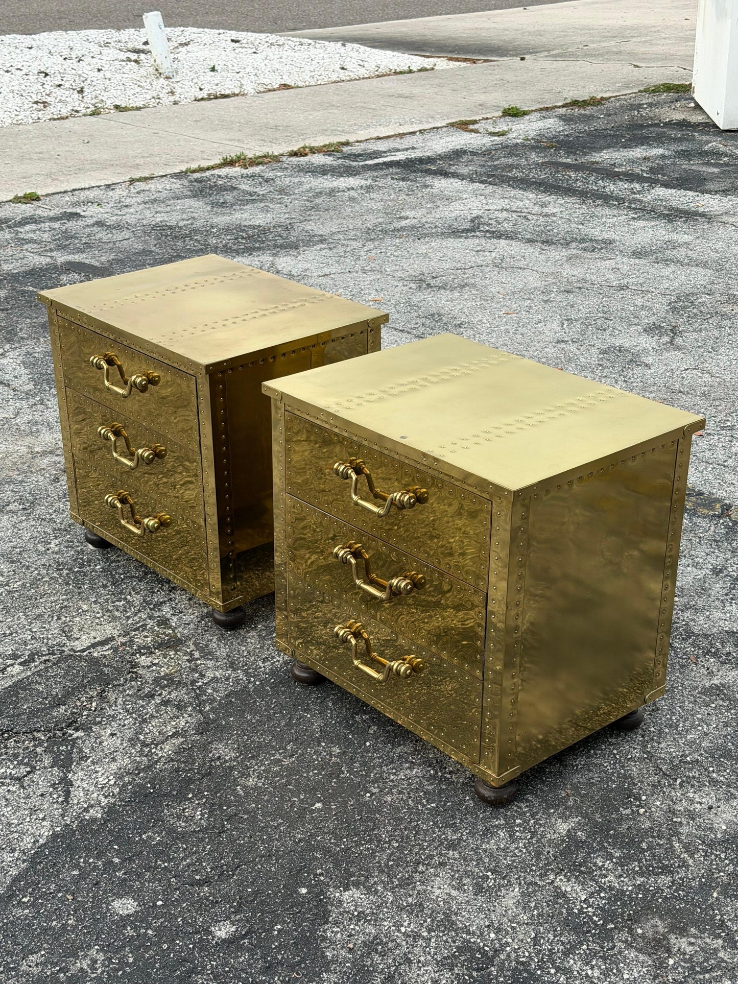Frisman Vintage A Pair Of Vintage Brass Clad Small Chests of Drawers by Sarreid of Spain