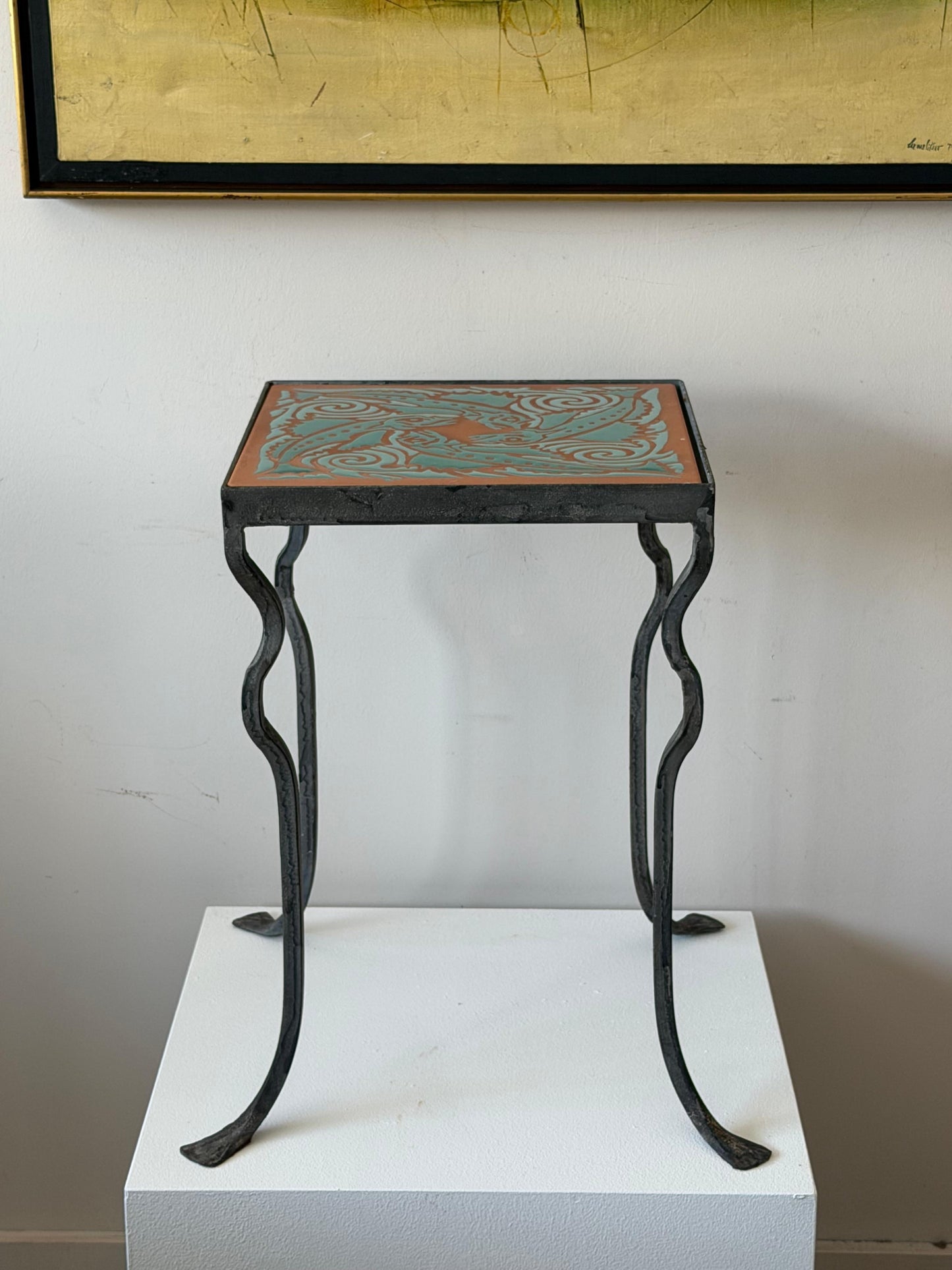 Frisman Vintage Unusual Iron Table By Kreissle Forge ca' 1940's Ceramic Top