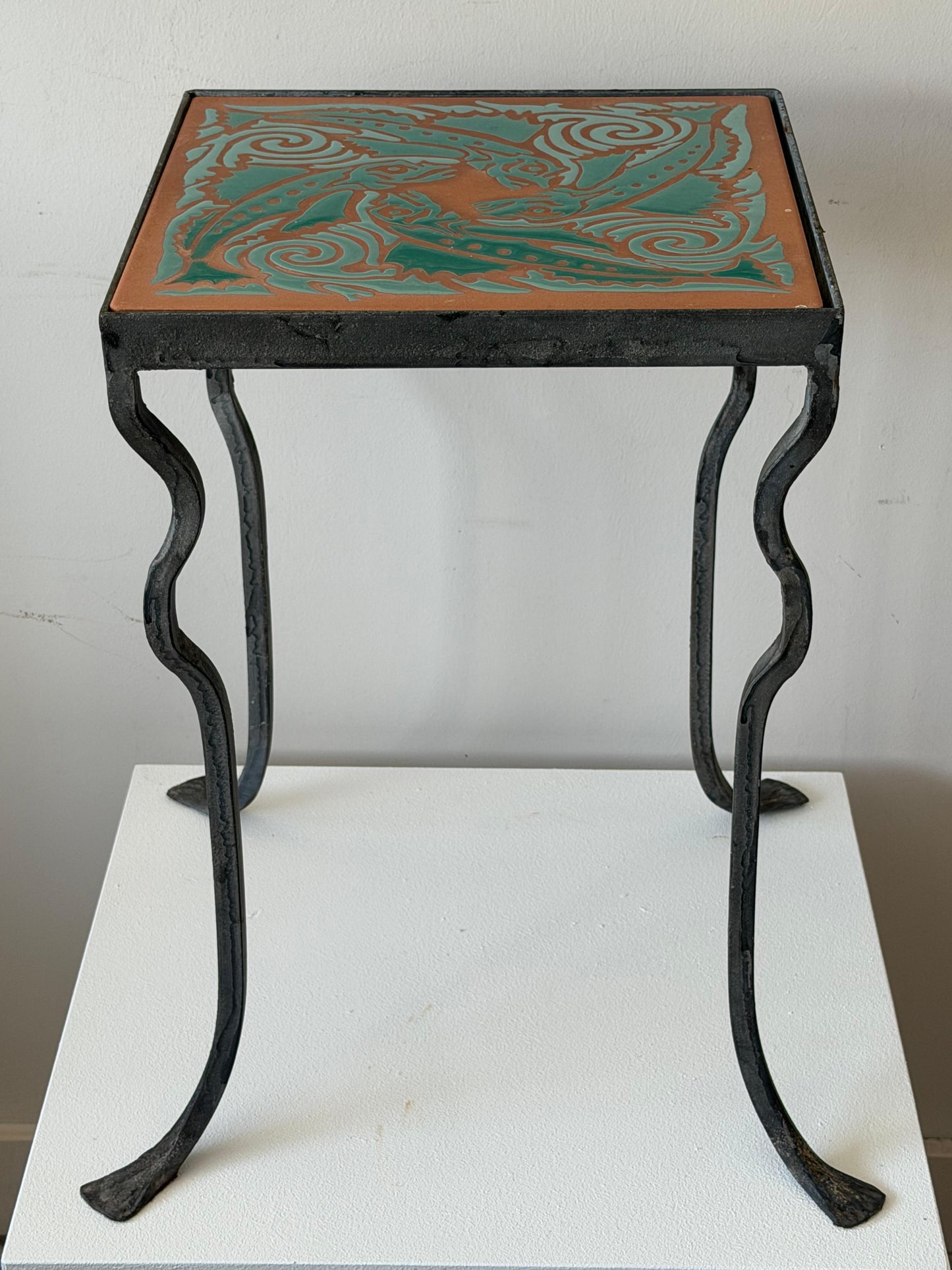 Frisman Vintage Unusual Iron Table By Kreissle Forge ca' 1940's Ceramic Top