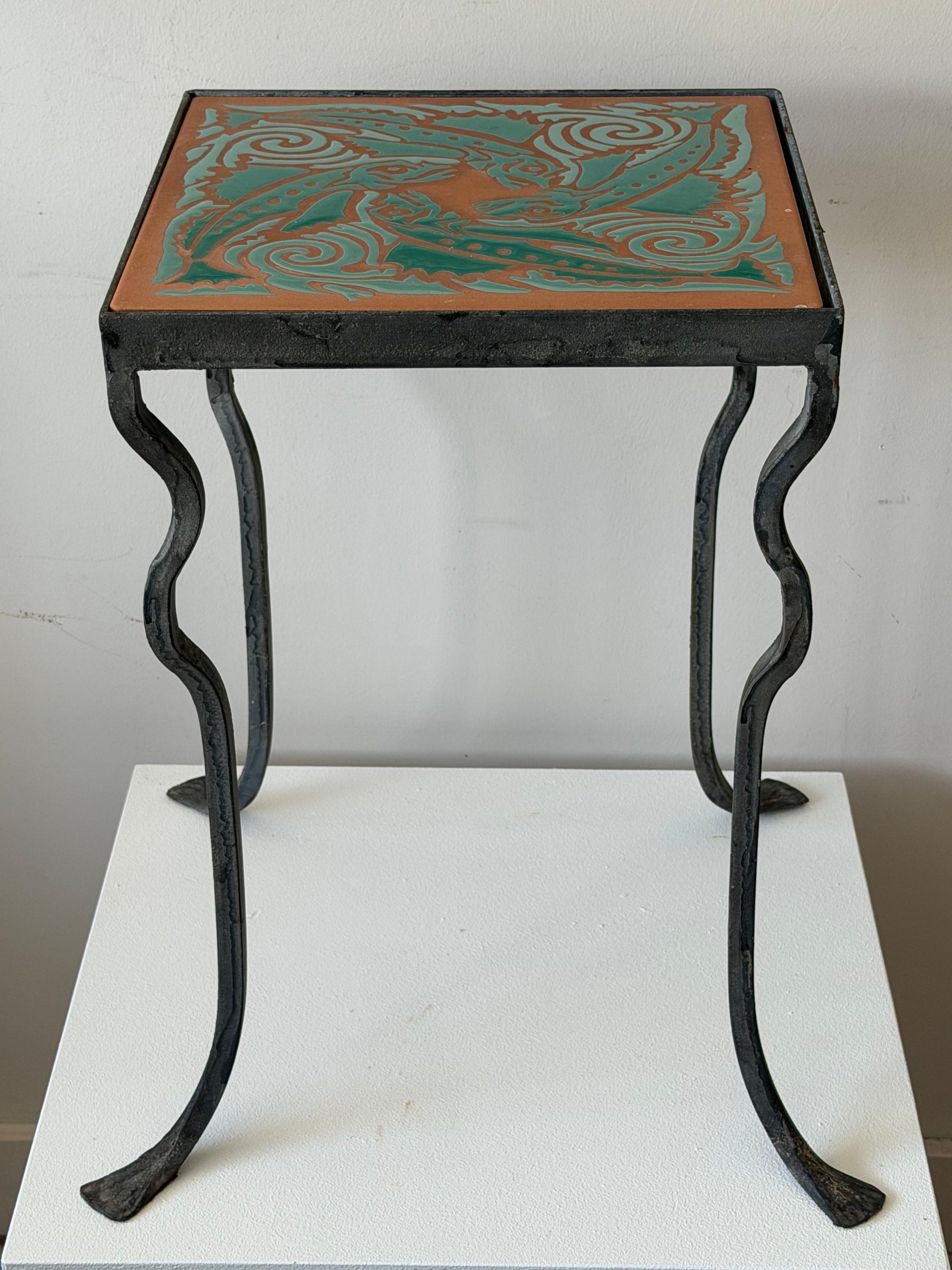Frisman Vintage Unusual Iron Table By Kreissle Forge ca' 1940's Ceramic Top