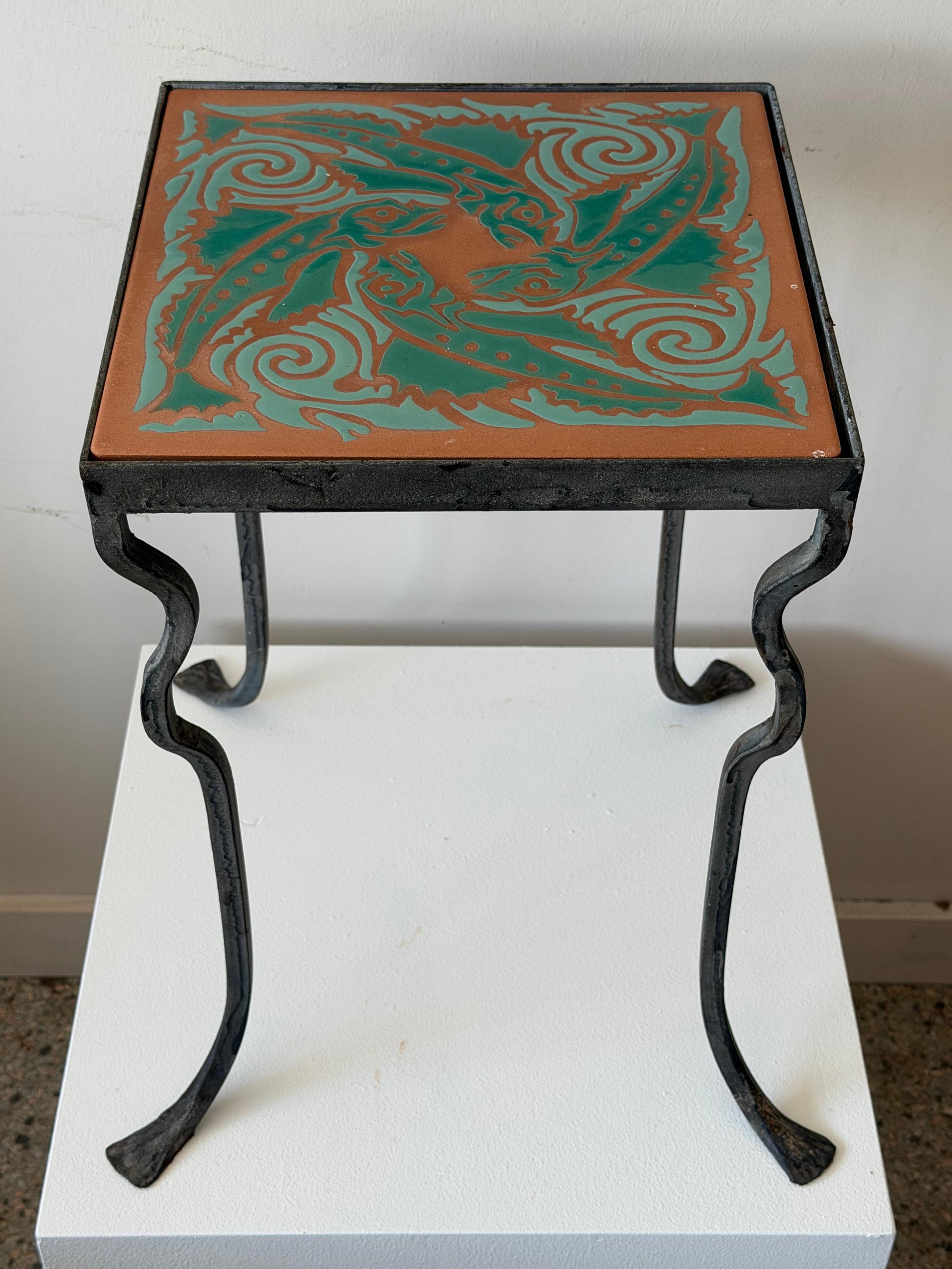 Frisman Vintage Unusual Iron Table By Kreissle Forge ca' 1940's Ceramic Top