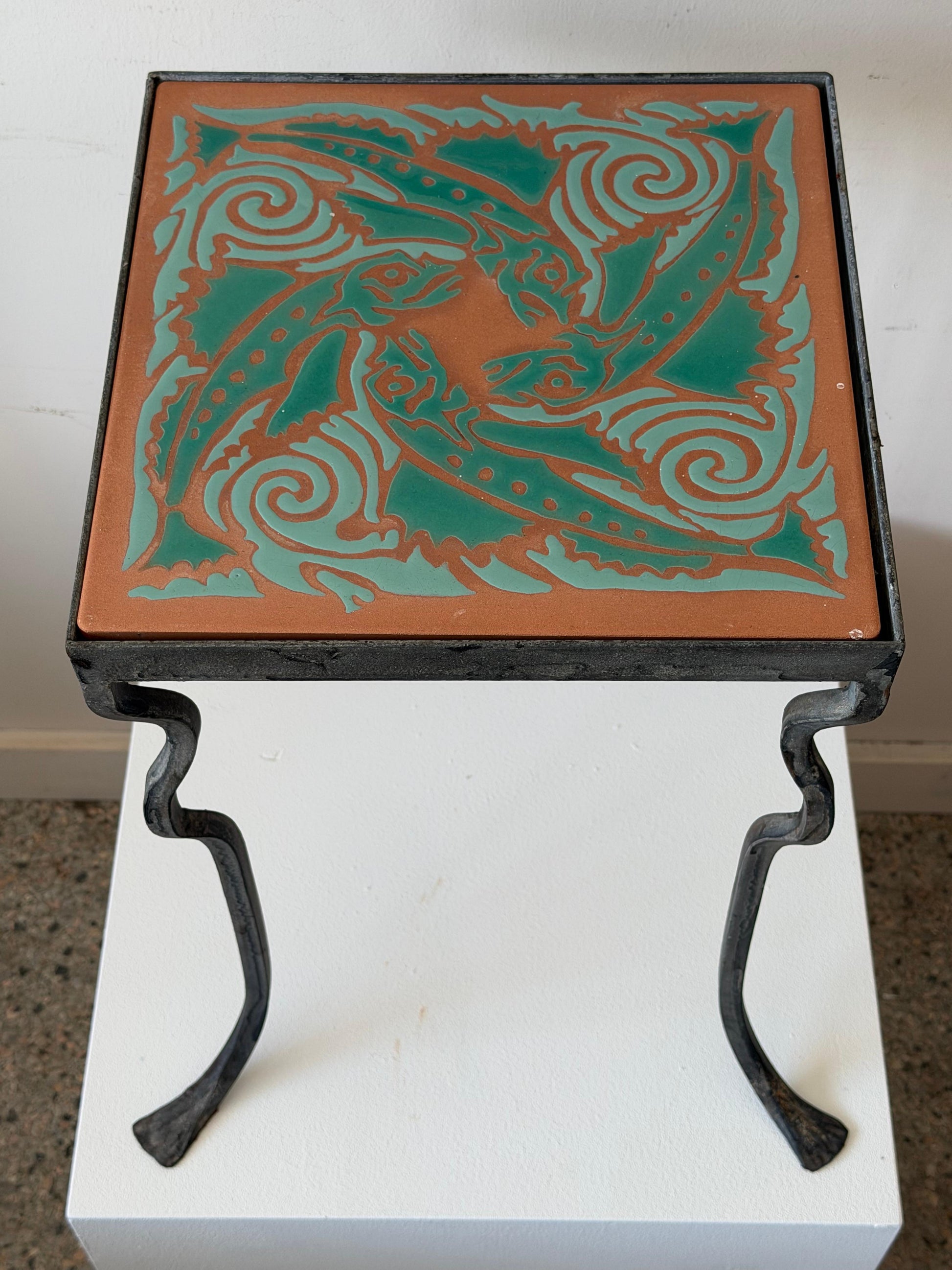 Frisman Vintage Unusual Iron Table By Kreissle Forge ca' 1940's Ceramic Top
