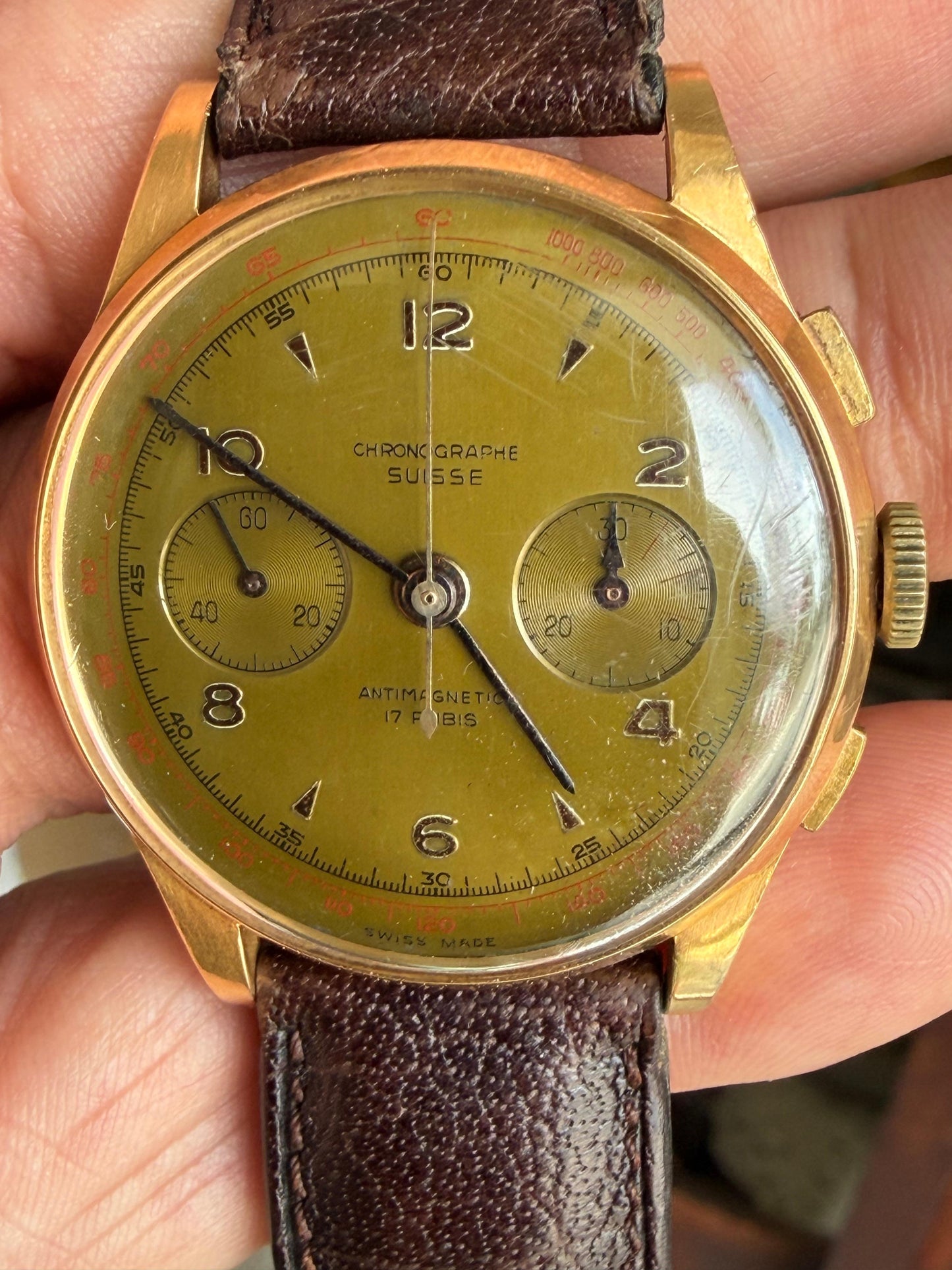 Frisman Vintage Chronograph Suisse 18K Rose Gold Two-Register Antimagnetic Watch