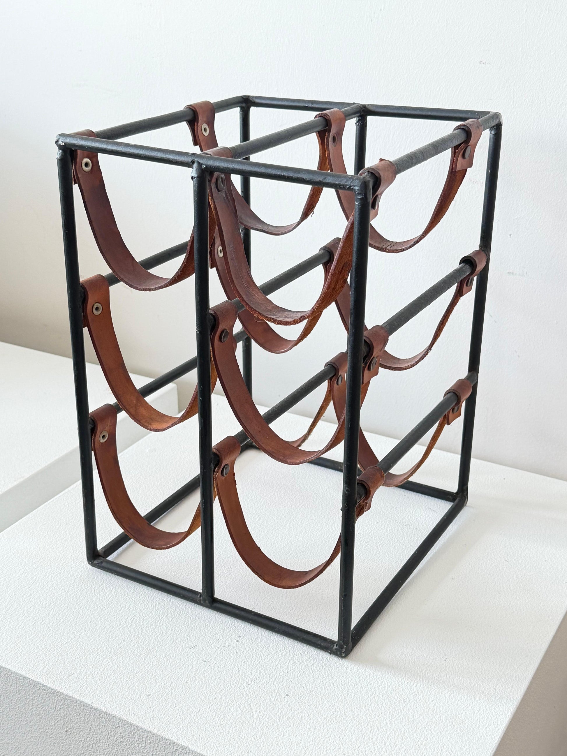 Frisman Vintage Wrought Iron and Leather Wine Rack by Arthur Umanoff ca' 1960's
