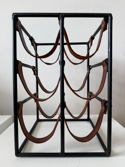 Frisman Vintage Wrought Iron and Leather Wine Rack by Arthur Umanoff ca' 1960's