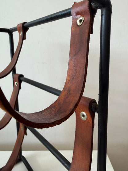 Frisman Vintage Wrought Iron and Leather Wine Rack by Arthur Umanoff ca' 1960's
