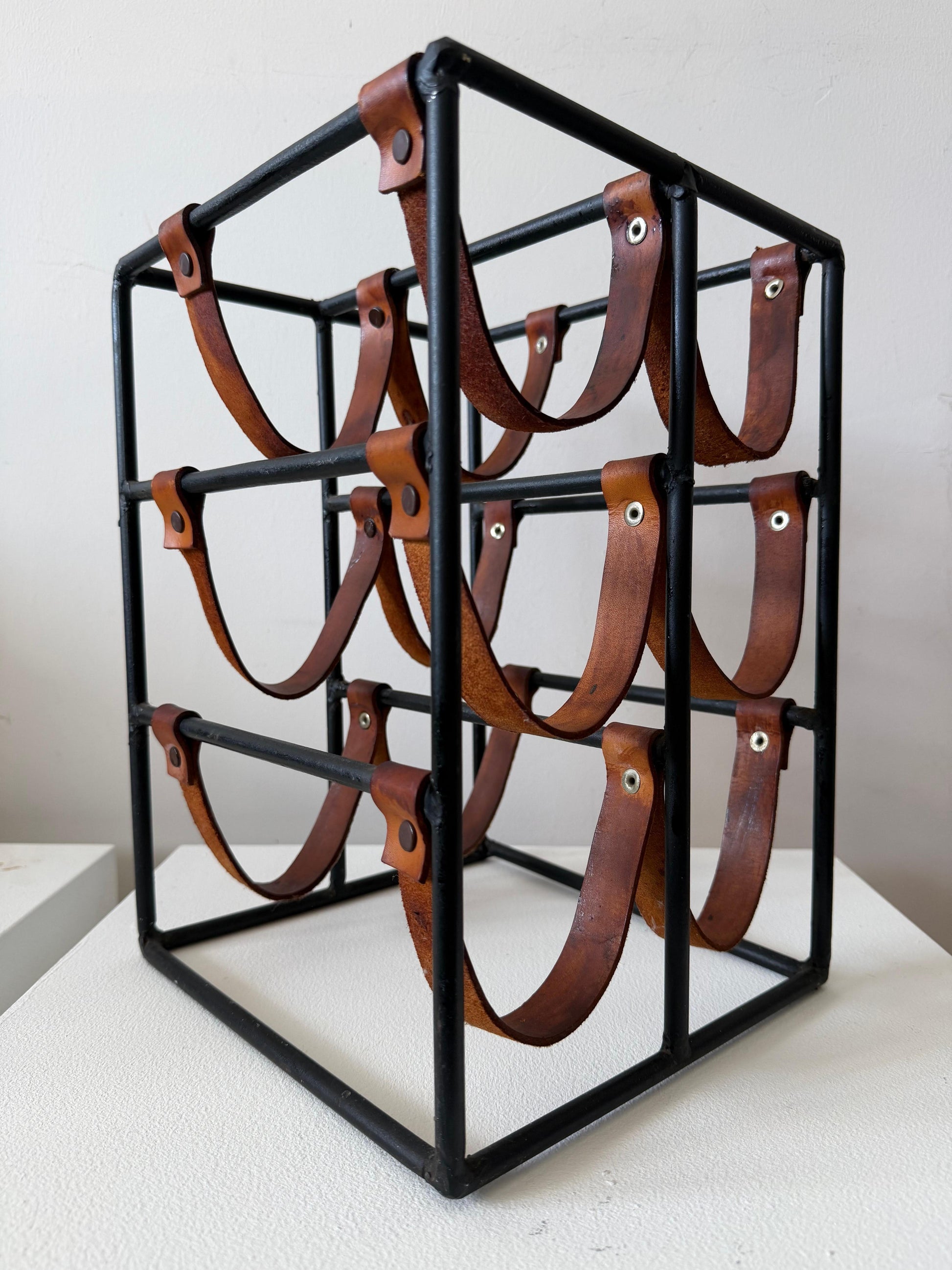 Frisman Vintage Wrought Iron and Leather Wine Rack by Arthur Umanoff ca' 1960's