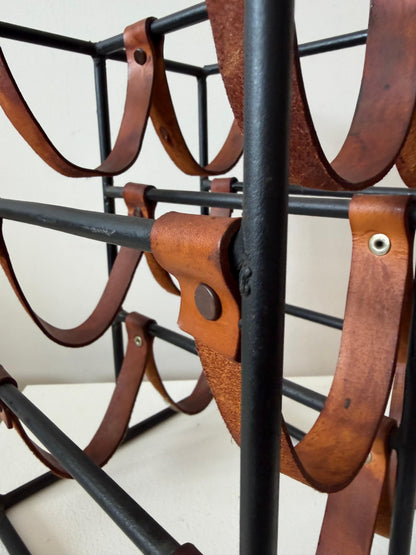 Frisman Vintage Wrought Iron and Leather Wine Rack by Arthur Umanoff ca' 1960's