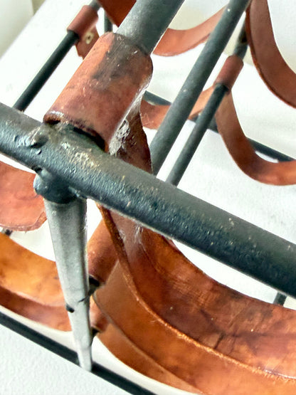 Frisman Vintage Wrought Iron and Leather Wine Rack by Arthur Umanoff ca' 1960's