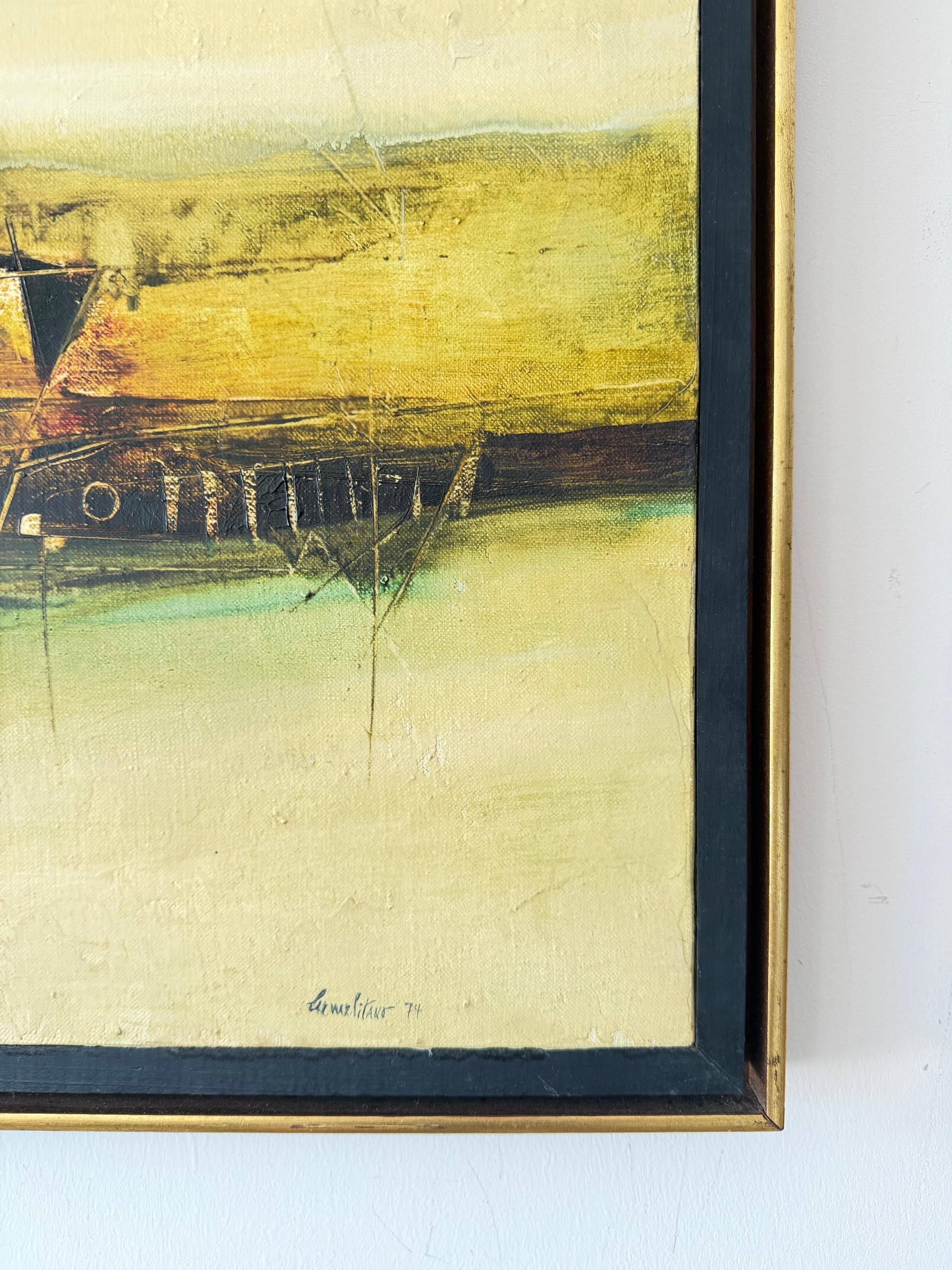 Frisman Vintage Frank Carmelitano Landscape Painting 1974 MCM Abstract Oil On Canvas