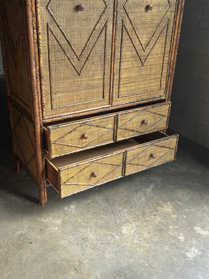 Frisman Vintage 1980s Tortoiseshell Bamboo & Rattan Wardrobe Attr to Ralph Lauren Bloomingdales