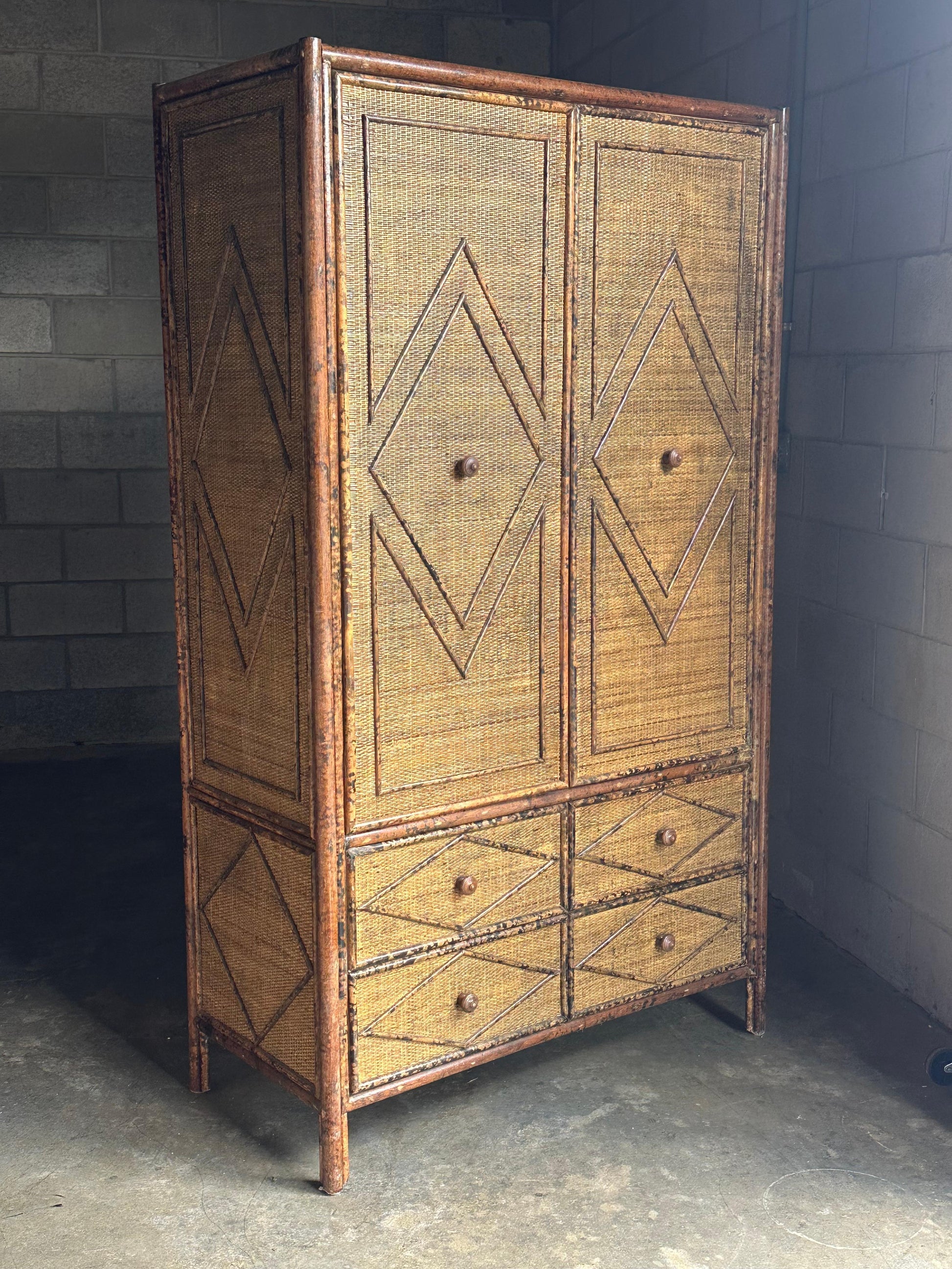 Frisman Vintage 1980s Tortoiseshell Bamboo & Rattan Wardrobe Attr to Ralph Lauren Bloomingdales