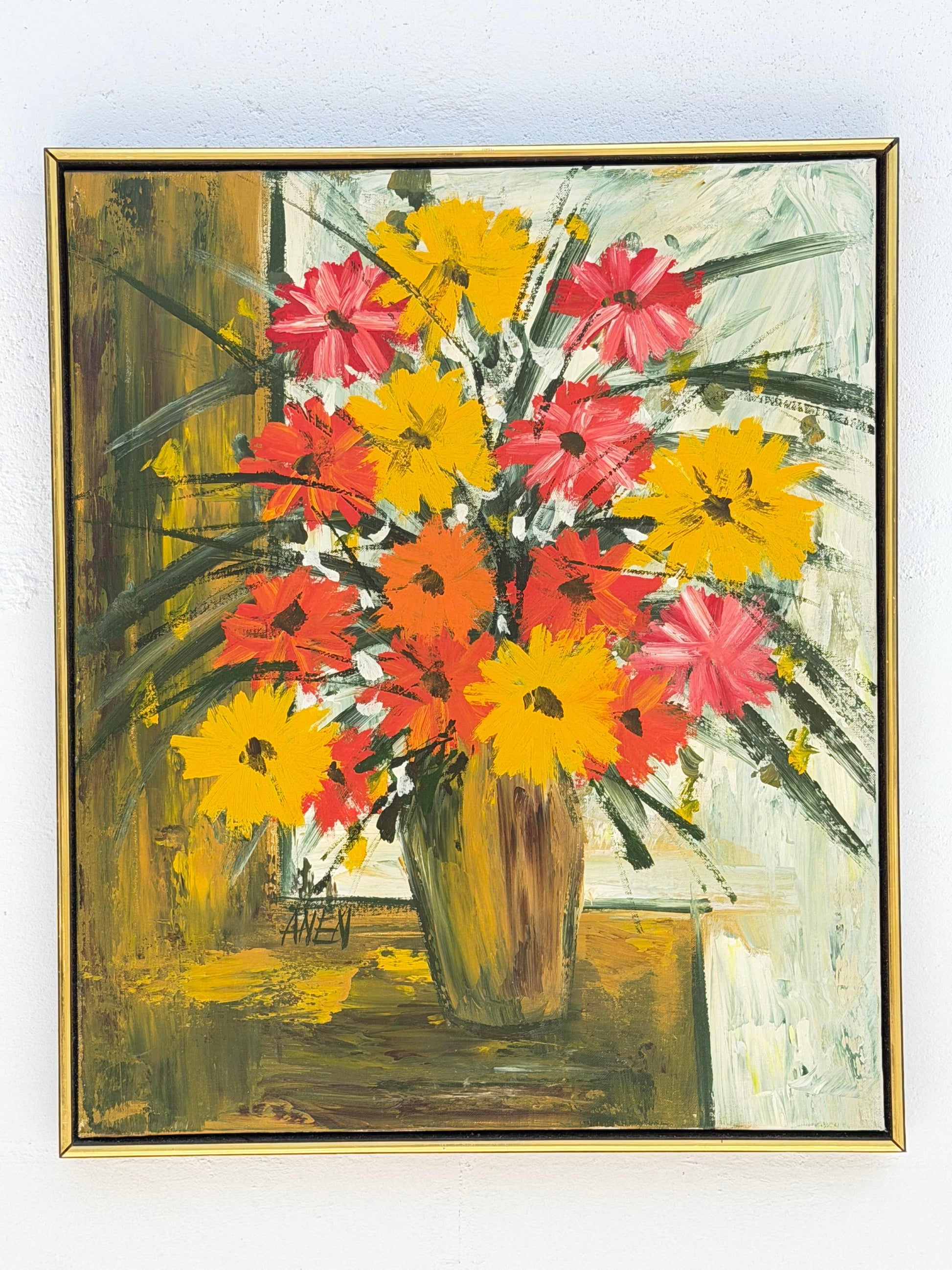 Frisman Vintage Oil Painting Expressionist ca' 1960's Flowers Mid Century