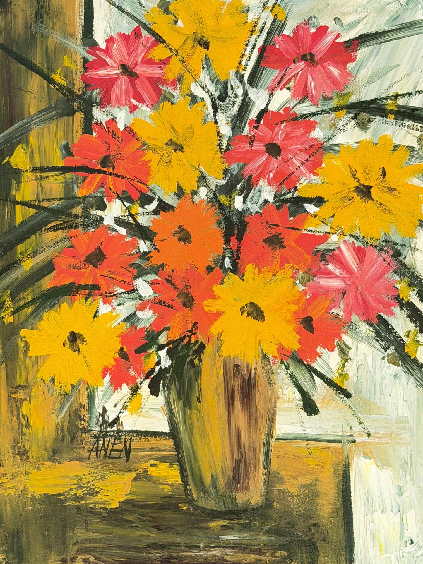 Frisman Vintage Oil Painting Expressionist ca' 1960's Flowers Mid Century