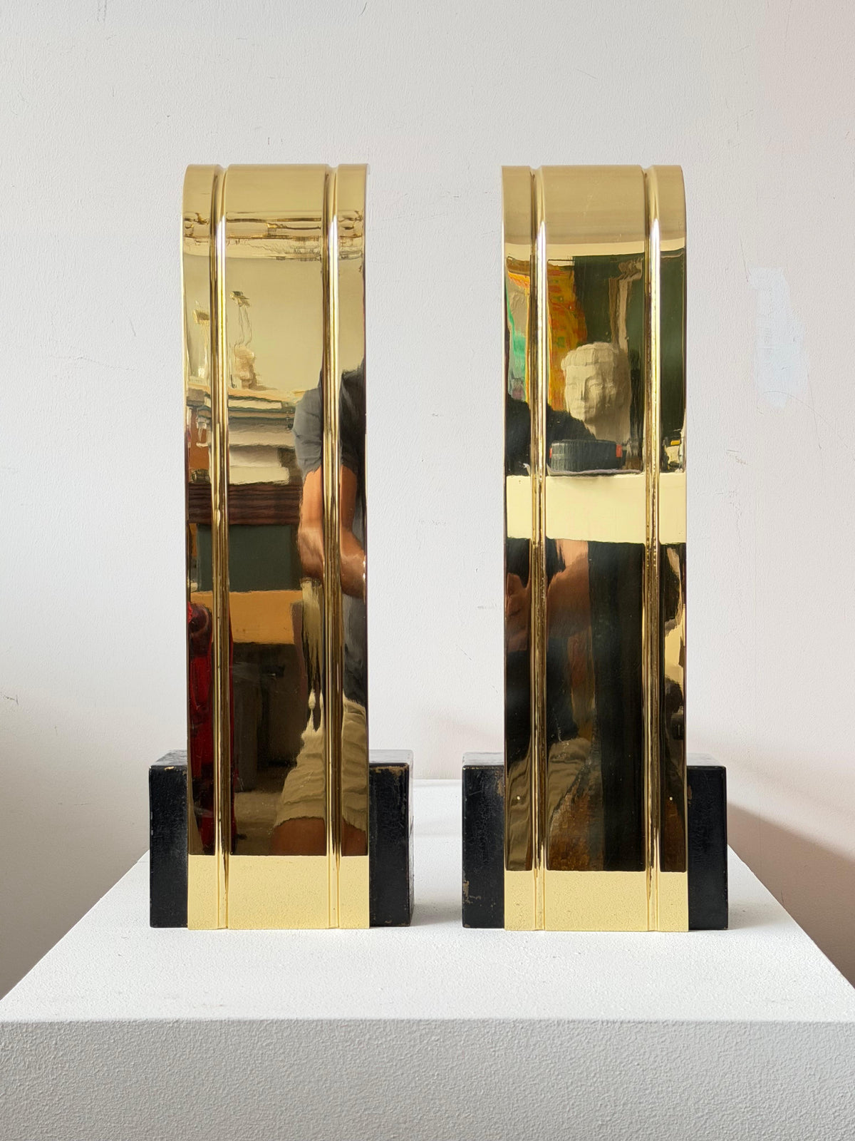 Frisman Vintage Art Deco Polished Brass Large Andirons ca' 1950's