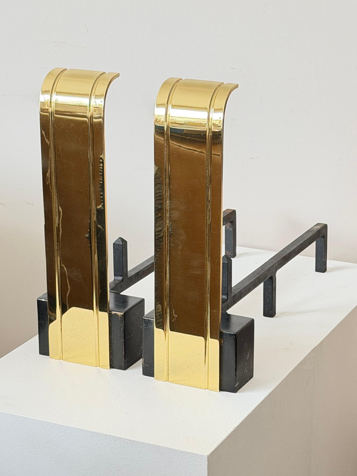 Frisman Vintage Art Deco Polished Brass Large Andirons ca' 1950's