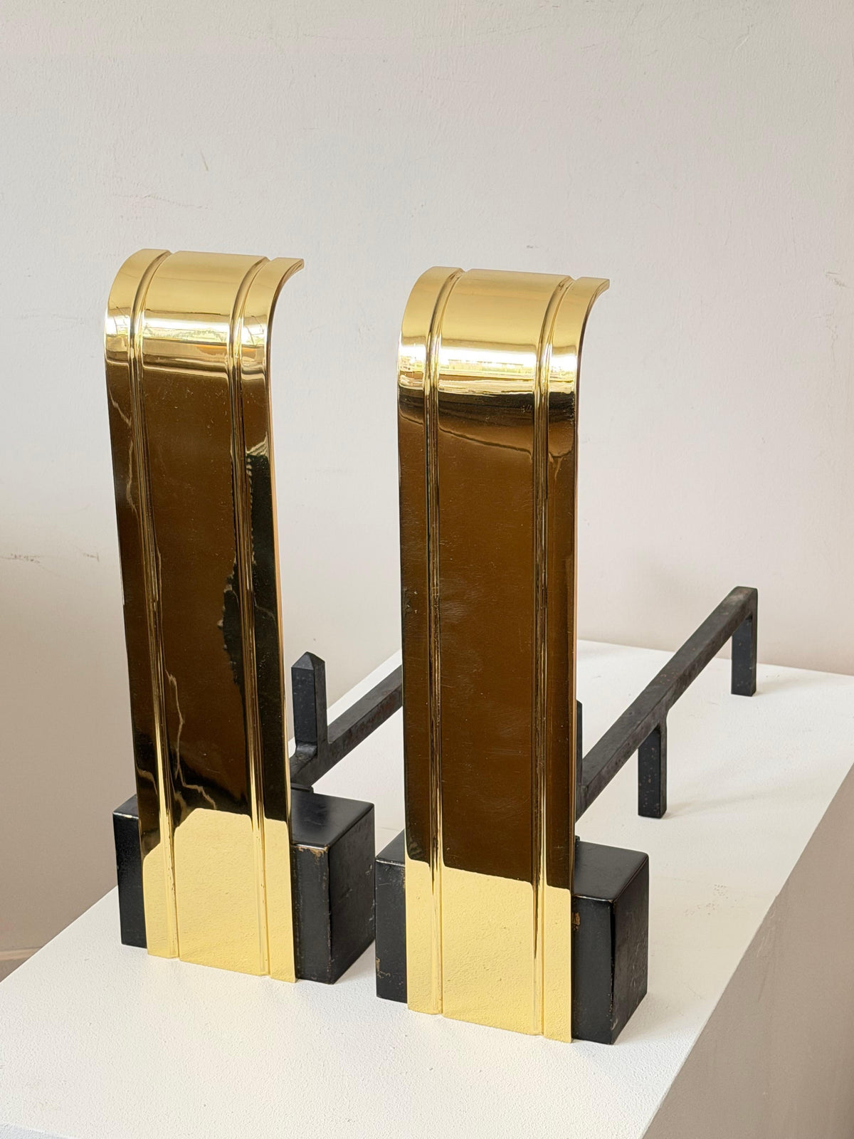 Frisman Vintage Art Deco Polished Brass Large Andirons ca' 1950's