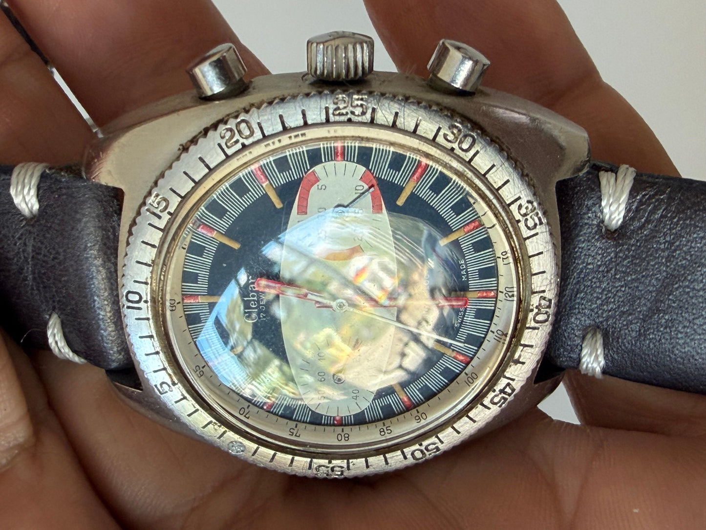 Frisman Vintage A Fun "Surfboard" Chronograph Dive Watch By Clebar Switzerland ca' 1970's