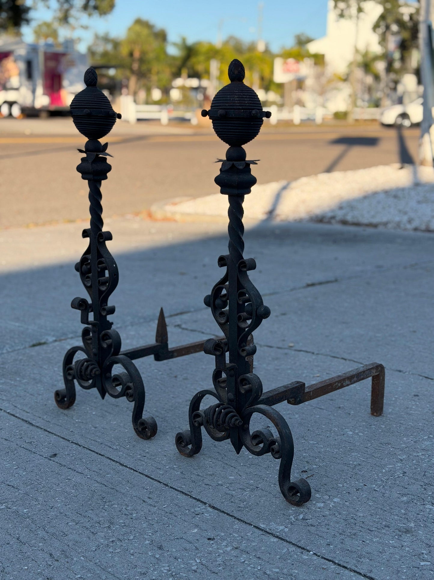 Frisman Vintage Large Decorative Wrought Iron Andirons ca' 1930's