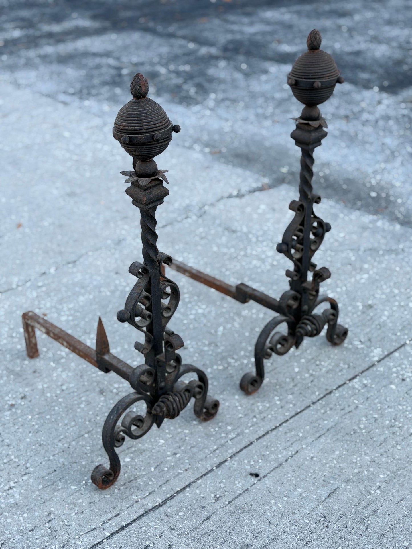 Frisman Vintage Large Decorative Wrought Iron Andirons ca' 1930's