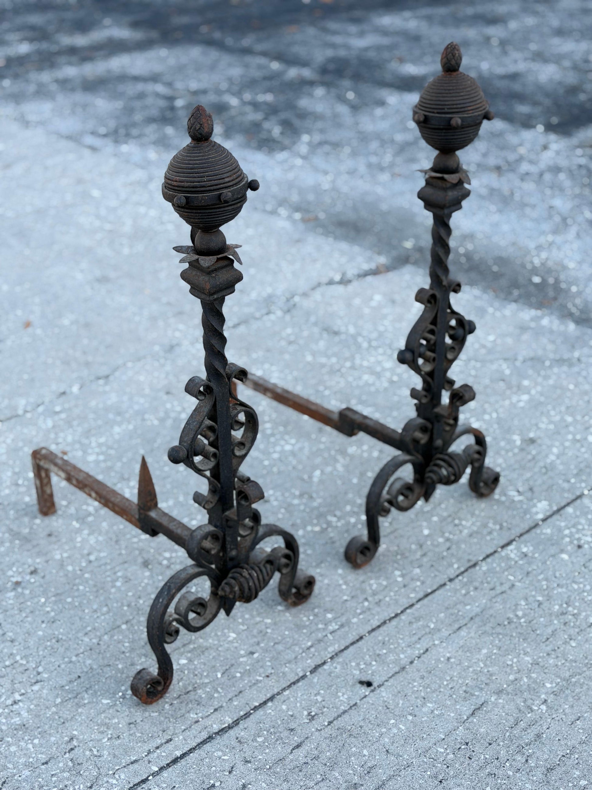 Frisman Vintage Large Decorative Wrought Iron Andirons ca' 1930's