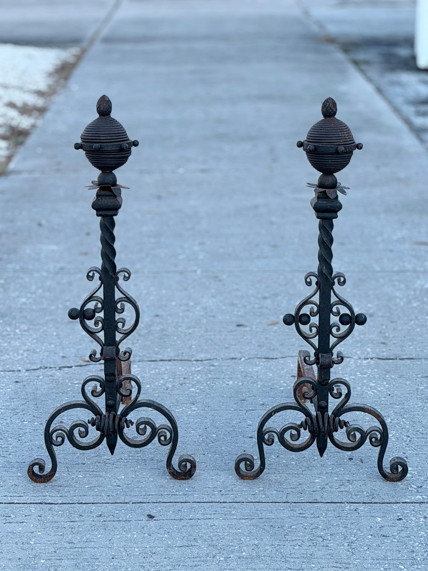 Frisman Vintage Large Decorative Wrought Iron Andirons ca' 1930's