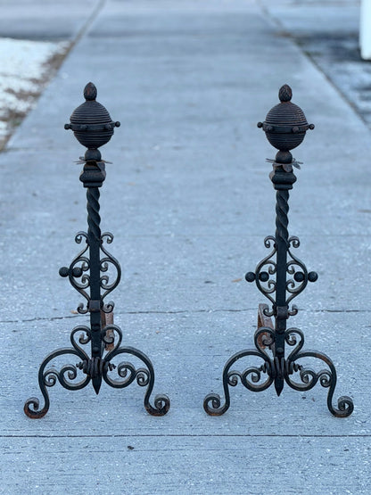Frisman Vintage Large Decorative Wrought Iron Andirons ca' 1930's