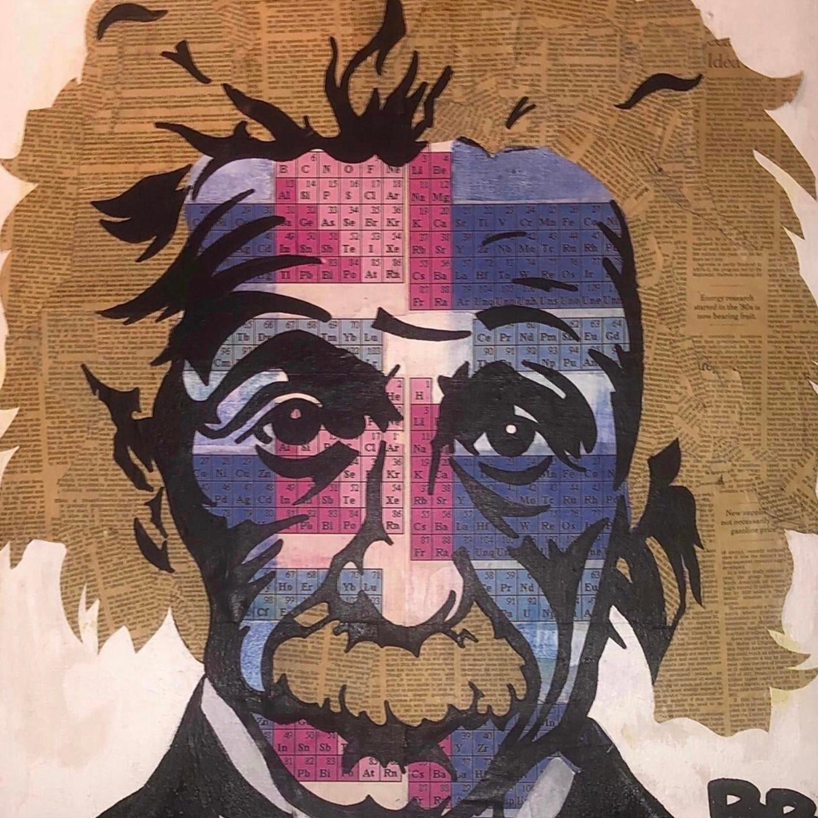 Frisman Vintage Pop Art Albert Einstein Original Portrait Mixed Media Collage Painting Signed