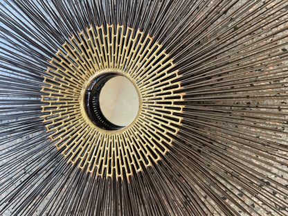 Frisman Vintage Brutalist Sunburst Wall Sculpture Mirror by William Friedle, 1970s