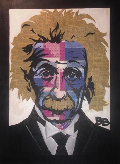 Frisman Vintage Pop Art Albert Einstein Original Portrait Mixed Media Collage Painting Signed