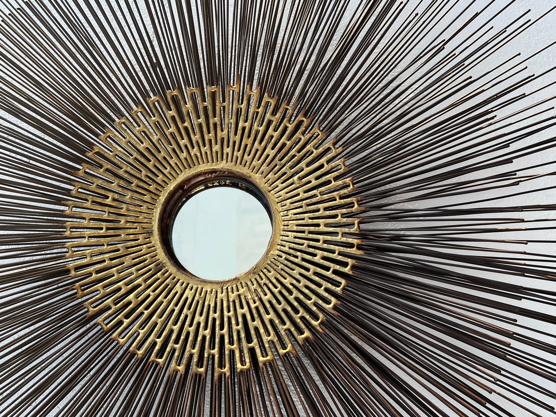 Frisman Vintage Brutalist Sunburst Wall Sculpture Mirror by William Friedle, 1970s