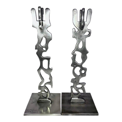Frisman Vintage Robert Stoller Signed Post Modern Pair Brutalist Abstract Aluminum Candleholders