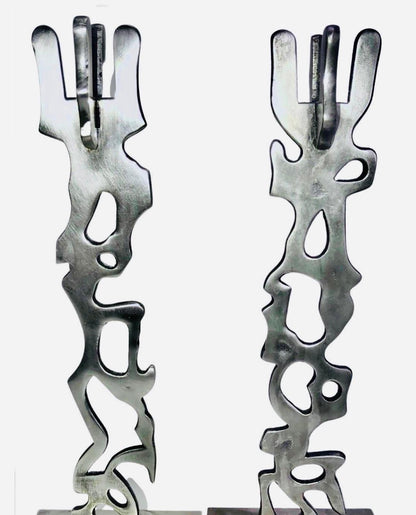 Frisman Vintage Robert Stoller Signed Post Modern Pair Brutalist Abstract Aluminum Candleholders